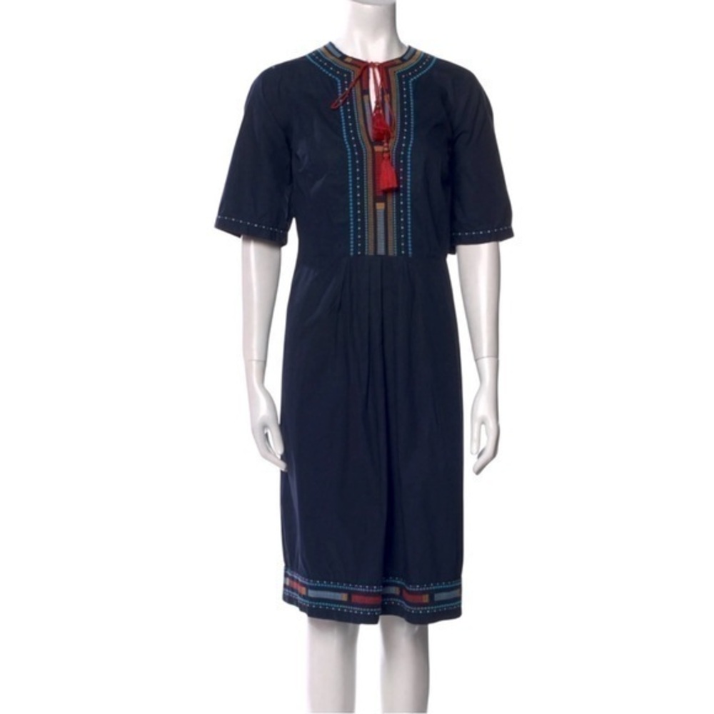 Talitha Blue Boho Embroidered Midi Dress with Tassel Tie 100% Cotton